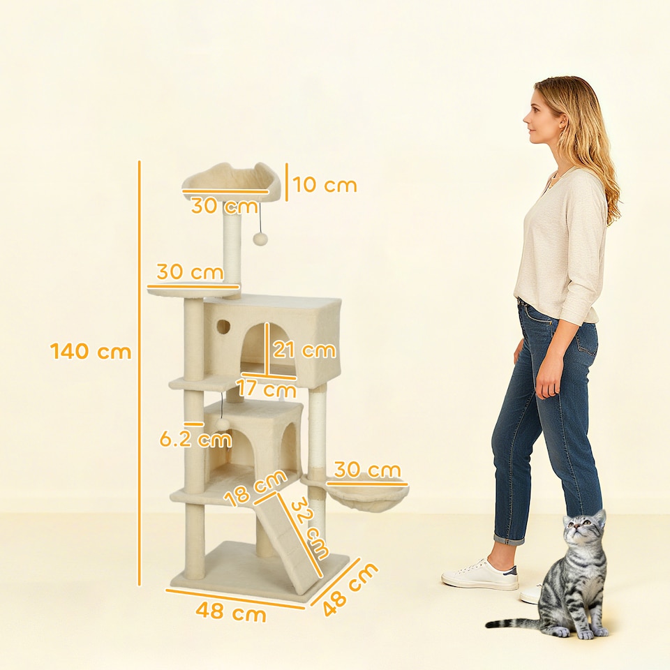 image 1 of PawHut 140cm Cat Tree Tower with Sisal Scratching Posts, Condos, Beige