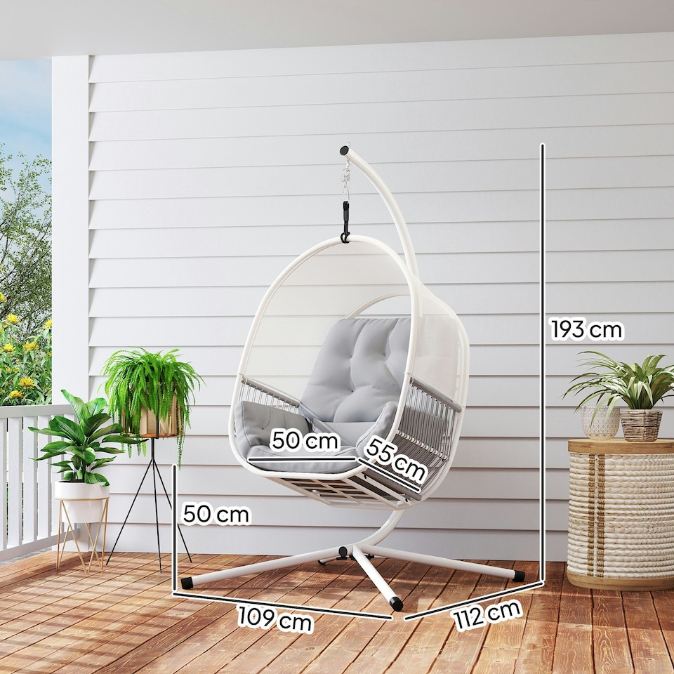 image 1 of Outsunny Hanging Egg Chair w/Stand & Cushions, Dark Grey Grey | Light Grey