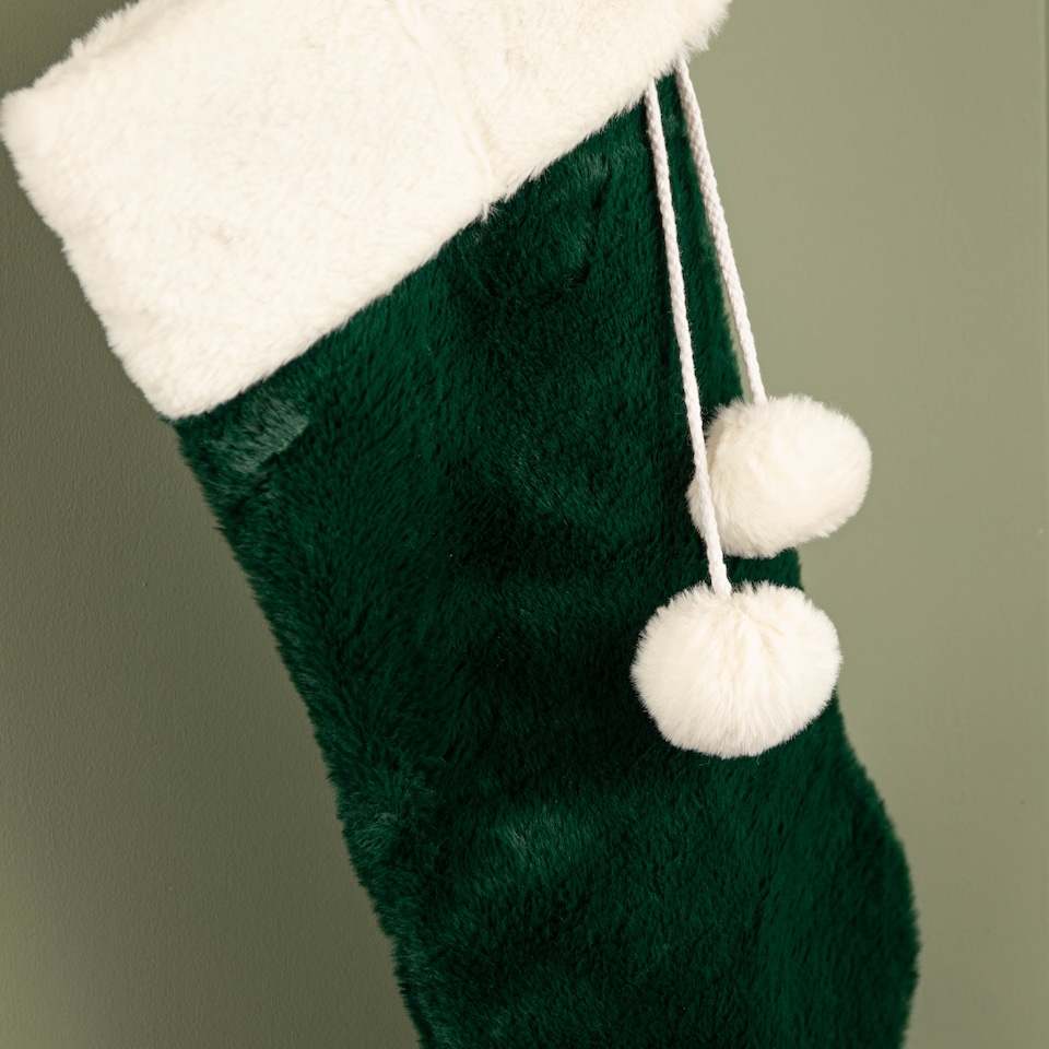 image 1 of 60cm Green Christmas Stocking with White Cuff and Pom Poms