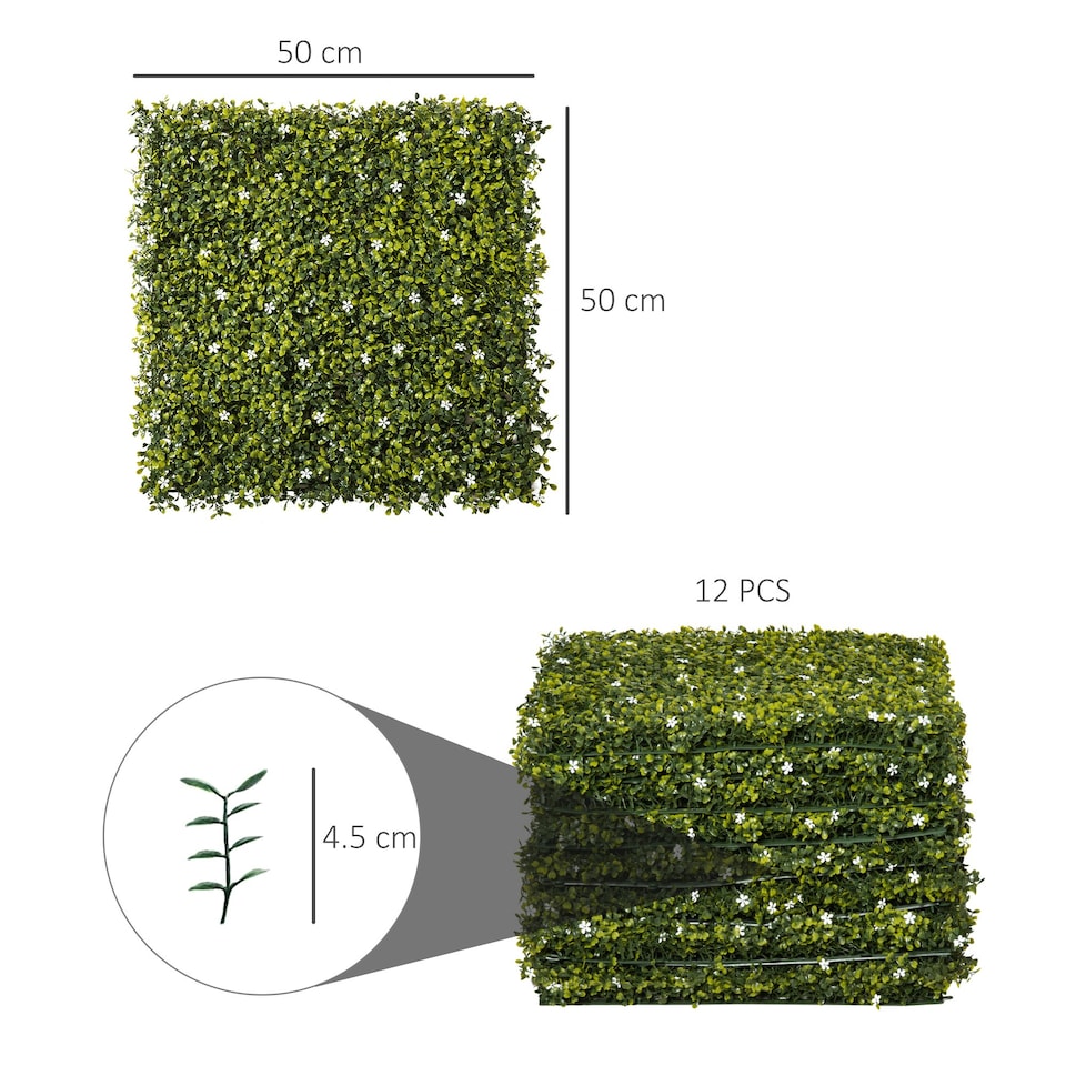 image 1 of Outsunny 12PCS 50cm x 50cm Artificial Boxwood Panel Milan Grass with Flowers