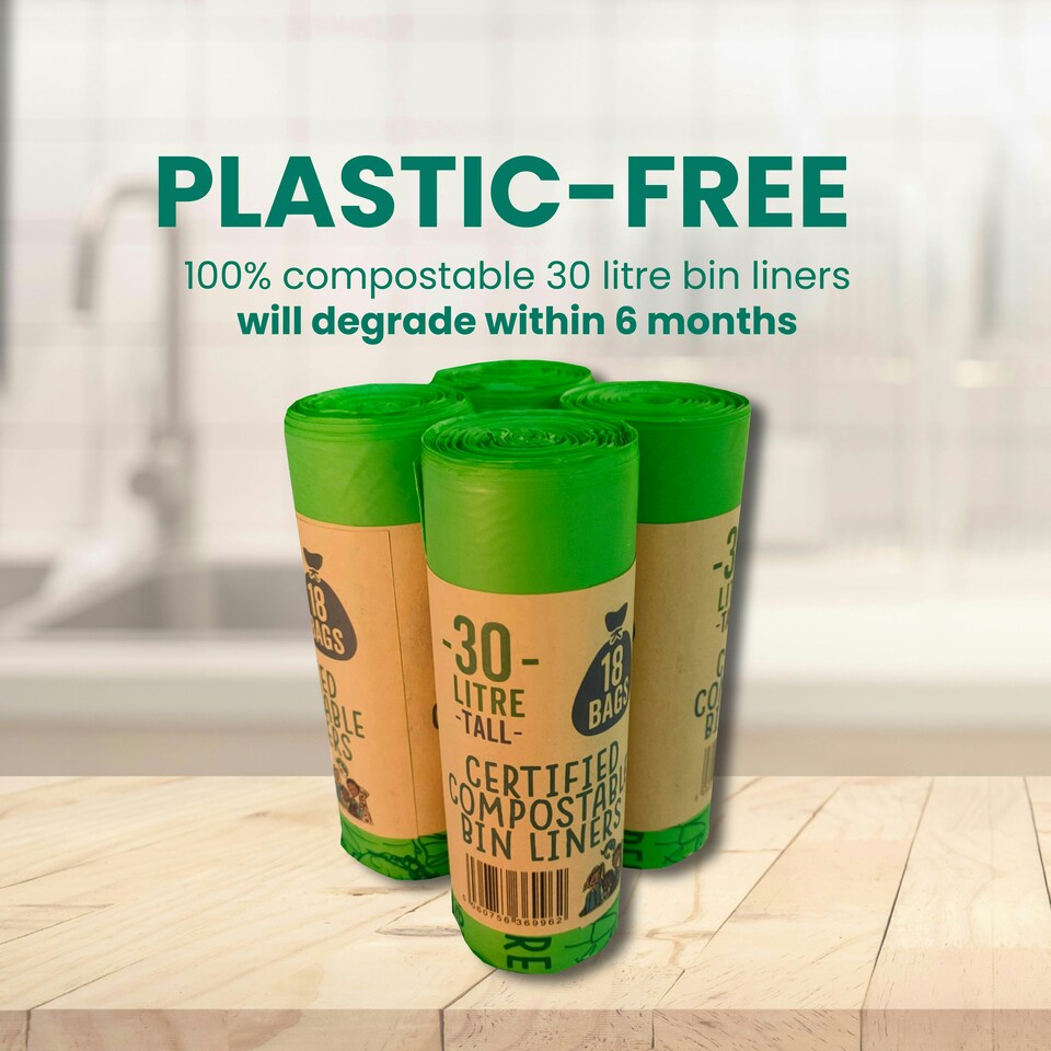 image 1 of Eco Green Living Plastic Free Bin Liners, Designed to Break Down Naturally Leakproof, Strong Food Waste Bin Bags 30 Liters 18 Bags 4 Pack