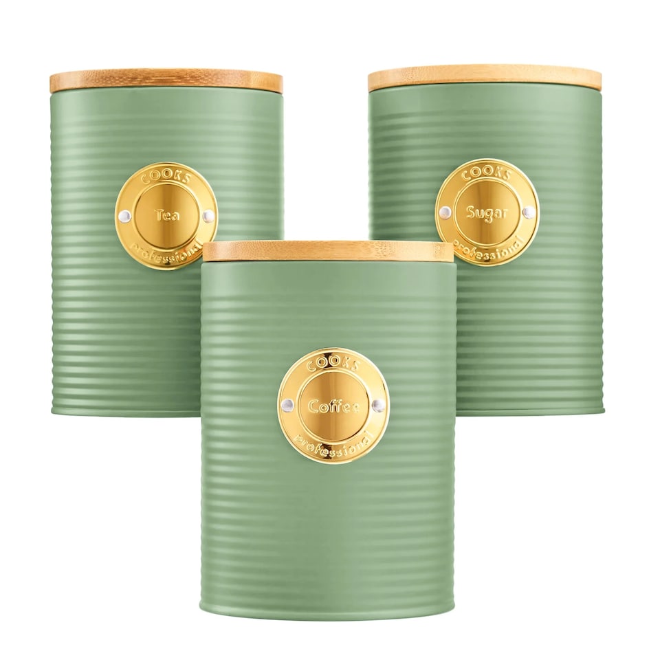 image 1 of Cooks Professional 5 Piece Ribbed Tea Coffee Sugar Bread & Biscuit Cannisters with Labels | Green | Green & Gold