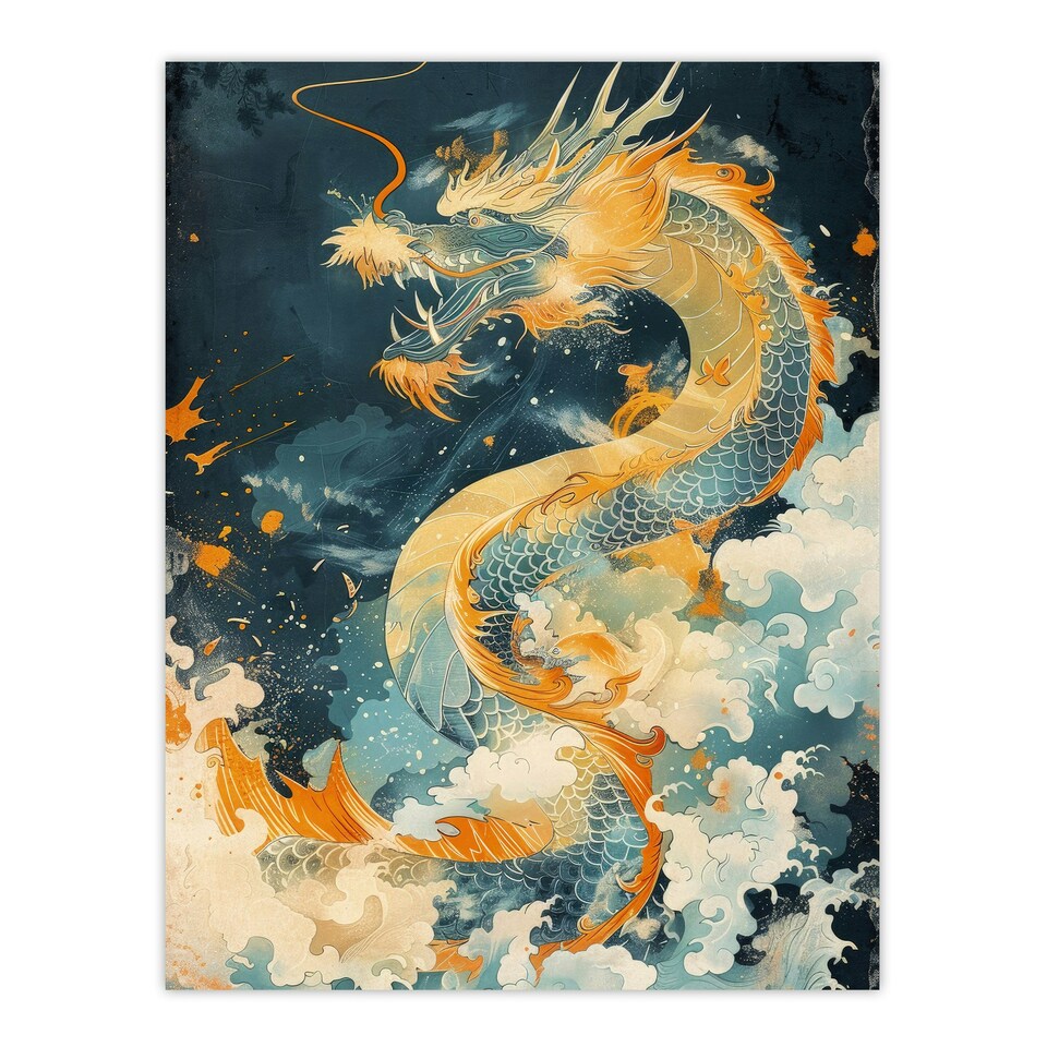 image 1 of Japanese Orange Water Living Room Dragon Black Framed Wall Art Print A4