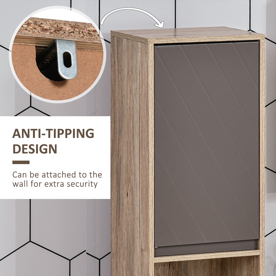 image 1 of HOMCOM Narrow Bathroom Cabinet, Slim Bathroom Storage Unit with Open Compartment, Freestanding Storage Cupboard with Adjustable Shelves for Small Spaces, 30 x 24 x 170 cm, Grey and Oak