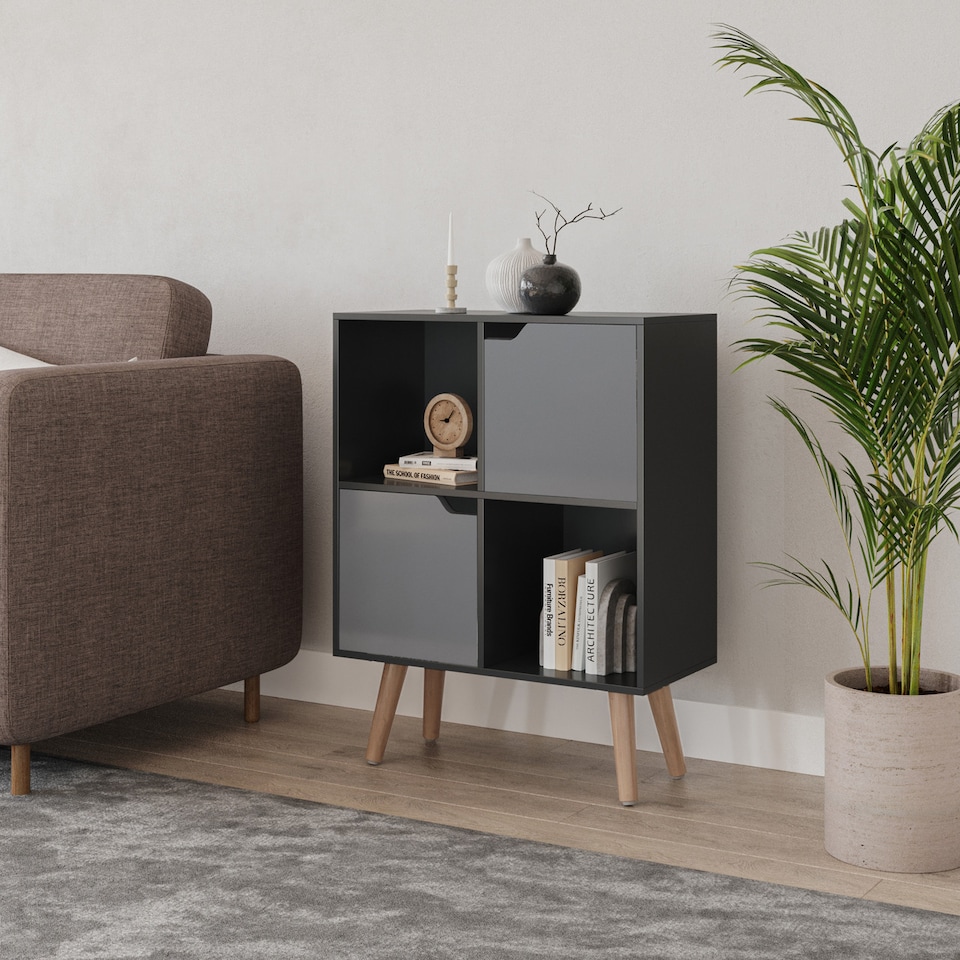 image 1 of Black 4-Cube Storage Unit with 2 Wooden Doors and Legs | Grey | Grey & Beech | 1