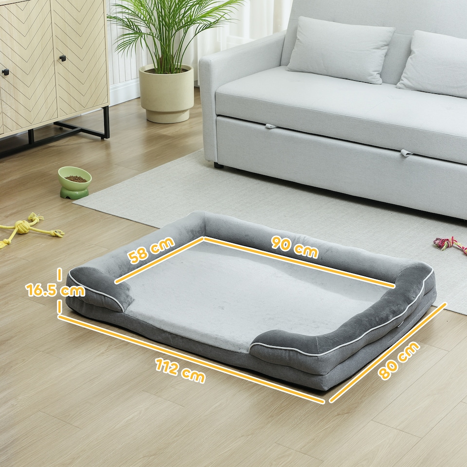image 1 of PawHut Dog Sofa Bed, Washable Soft Plush Pet Bed with Removable Flannel Cover and Non-Slip Bottom, Anti-Anxiety for Cats, Small, Medium and Large Dogs, 112 x 80 x 16.5 cm, Grey | Grey | L