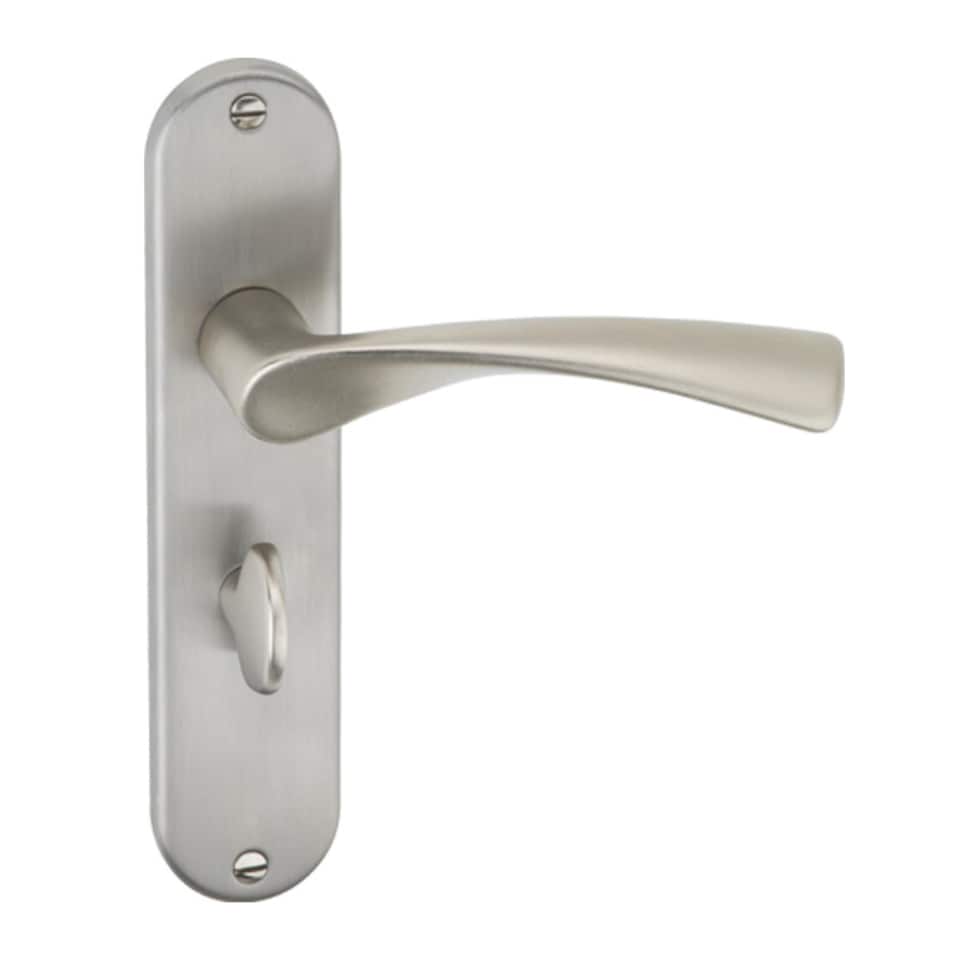 image 1 of Lyon Metal Lever Latch Door Handles Set Round Rose Internal & External | Silver | Satin Nickel Bathroom