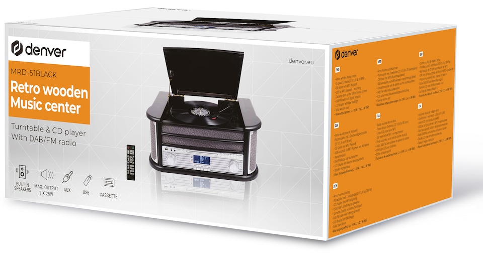 image 1 of Denver 9-in-1 Retro Vintage DAB Bluetooth Wooden Radio Record Player - MRD-51BT | Black | Black