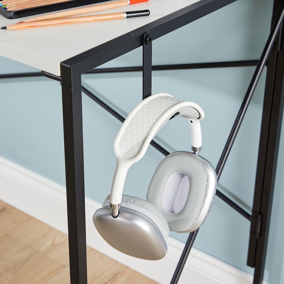 image 1 of Folding Compact Desk Storage Hook Wood Metal Office Computer Table Workstation | White