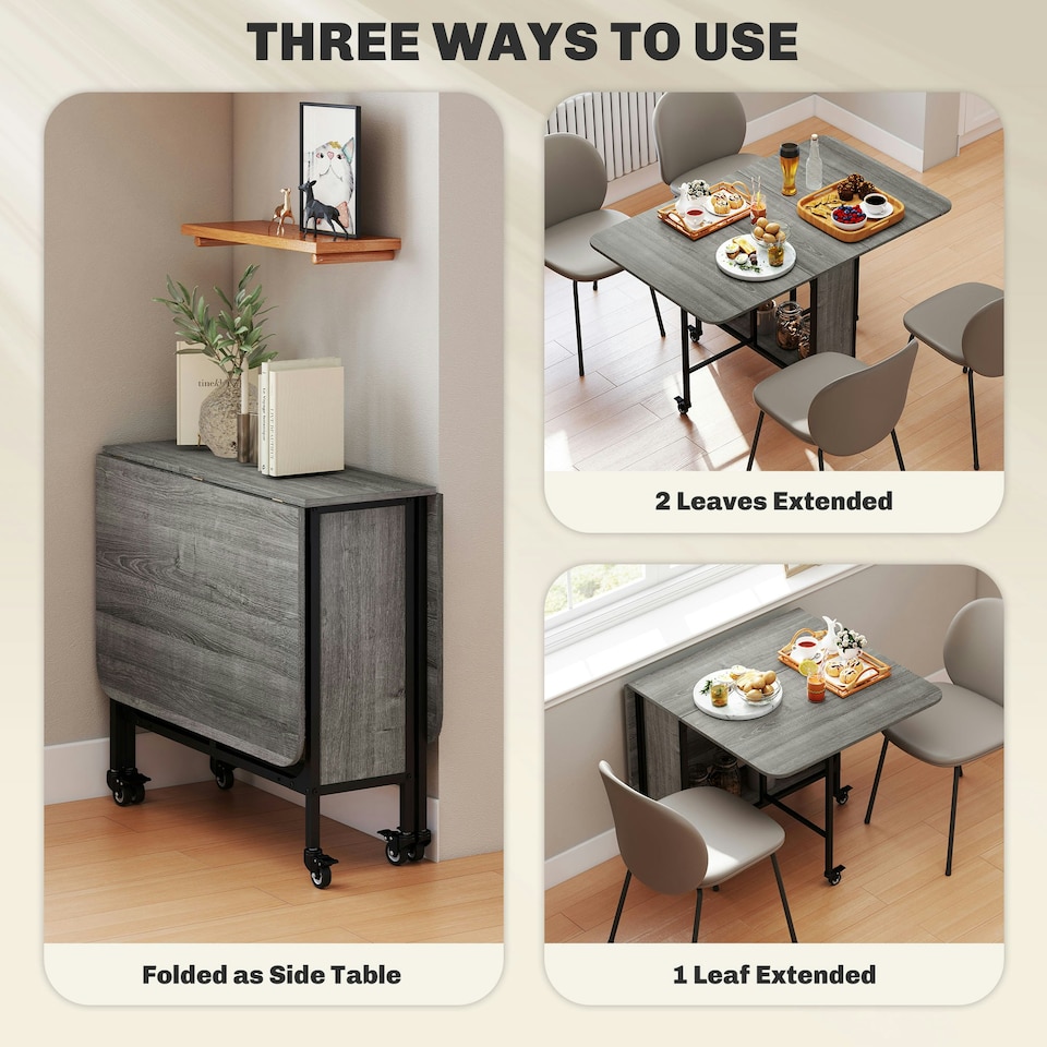 image 1 of HOMCOM Mobile Drop Leaf Dining Table on Wheels with Storage Shelf Grey