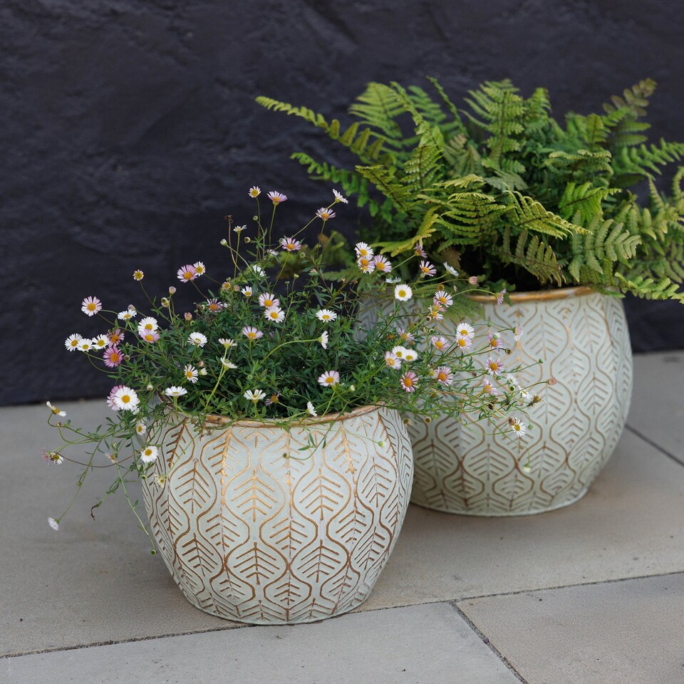 image 1 of Primrose Set of 2 Metal Leaf Design Spherical Decorative Planters in Cream 31cm | Cream | Off White