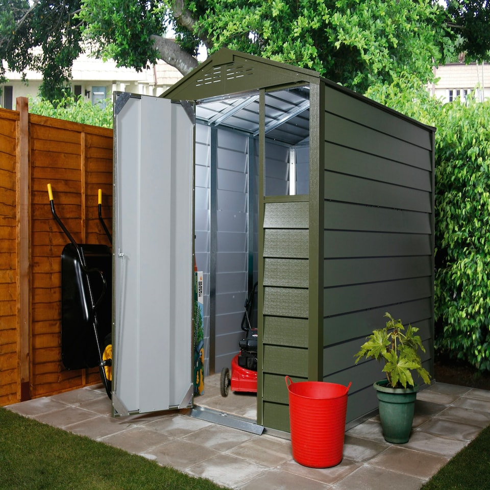 image 1 of 6 x 3 ft Trimetals Titan 630 Apex Roof Metal Shed - Single Door - One Window Green