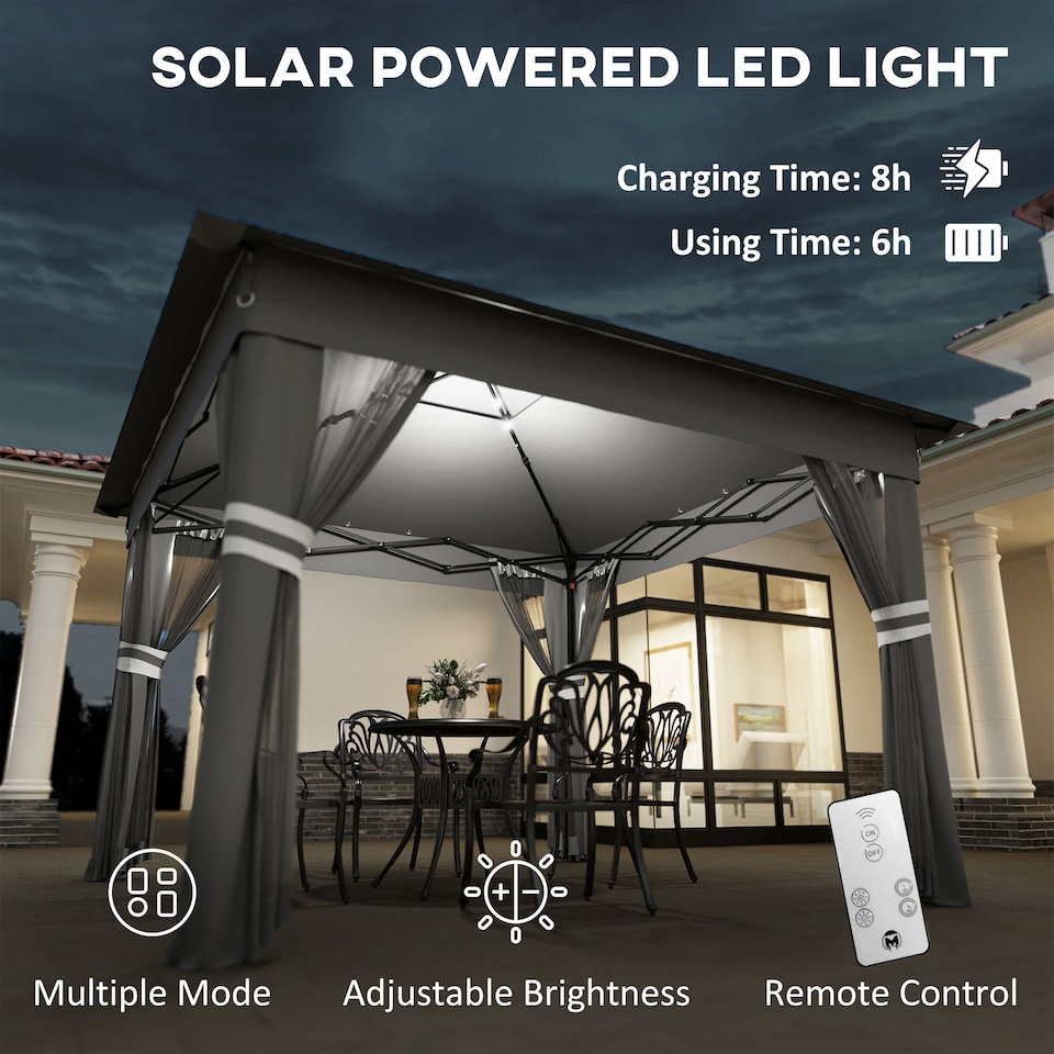 image 1 of Outsunny 3.36 x 3.36m Pop Up Gazebo with Sides, 20 SolarPowered LED Lights, Netting, Roller Bag, 4 Weight Bags, Marquee Party Tent, Height Adjustable Instant Event Shelter, Grey
