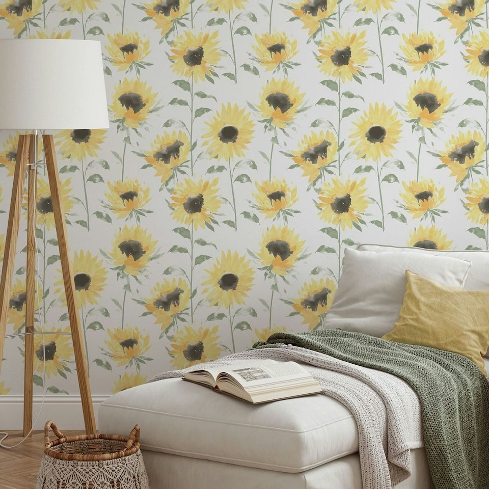 image 1 of Catherine Lansfield Sunflower Wallpaper - Yellow/White - 10m x 53cm Yellow