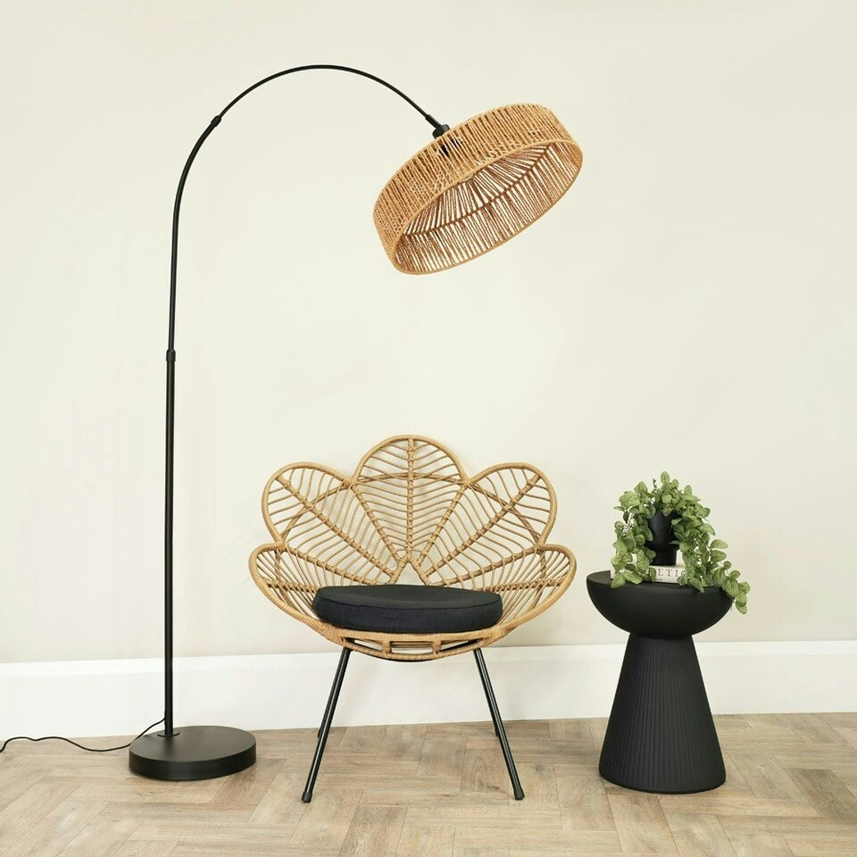 image 1 of ValueLights Louis Black Arched Curved Floor Lamp with Natural Rope Pendant Lamp Shade and LED Bulb
