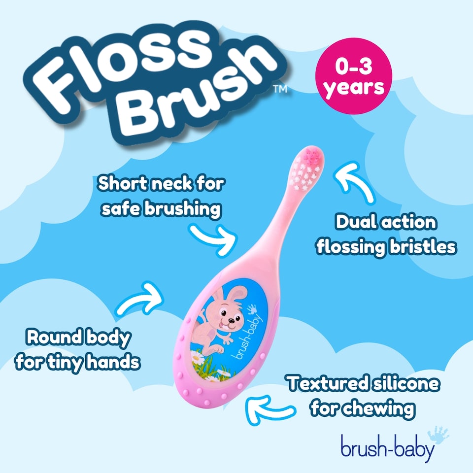 image 1 of Brush Baby FlossBrush™ Baby Bristles Toothbrush (0-3 Years) Double Pack - Pink & Teal