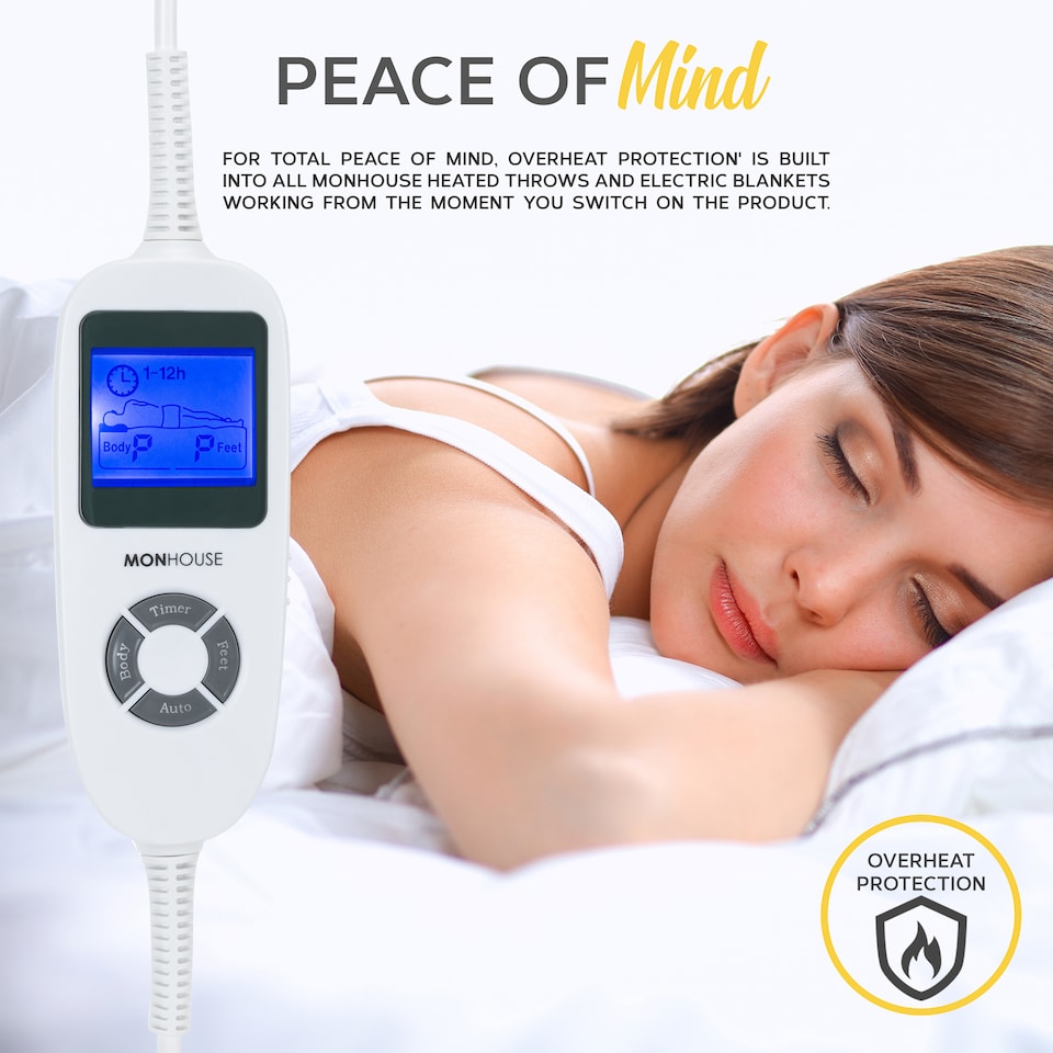 image 1 of MONHOUSE Fleece Electric Heated Under Blanket - Single 90x190cm - Detachable & Machine Washable - Controller Multi Zones, 9 Heat Settings | White | 1