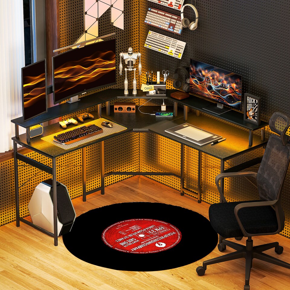 image 1 of HOMCOM L Shaped Desk with Power Outlets and LED Lights, Corner Computer Desk with Monitor Stand, Gaming Desk for Home Office, Black | Black