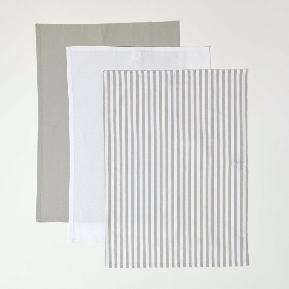 image 1 of Homescapes Striped Grey Cotton Tea Towels Set Of Three
