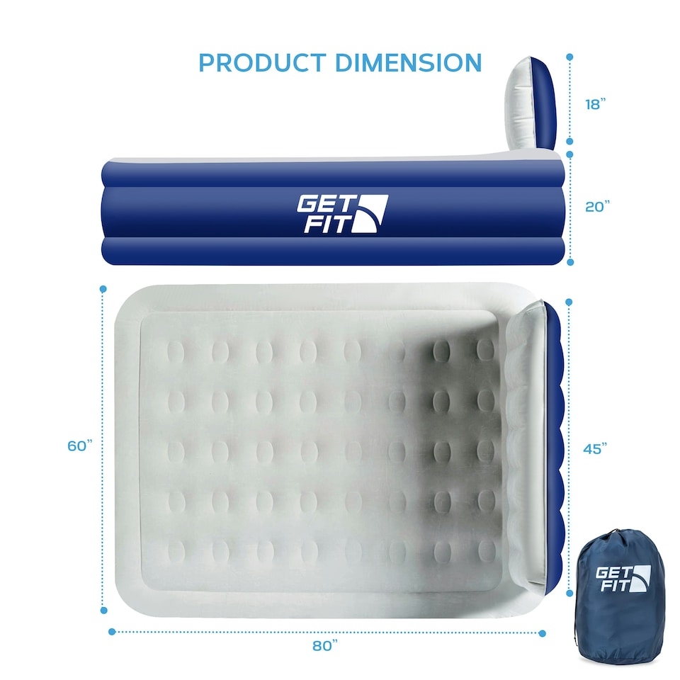 image 1 of Get Fit Air Bed With Built In Electric Pump - King Airbed Blow Up Bed With Headboard, 2 Free Inflatable Pillows - Elevated Inflatable Air Mattress - Navy/White