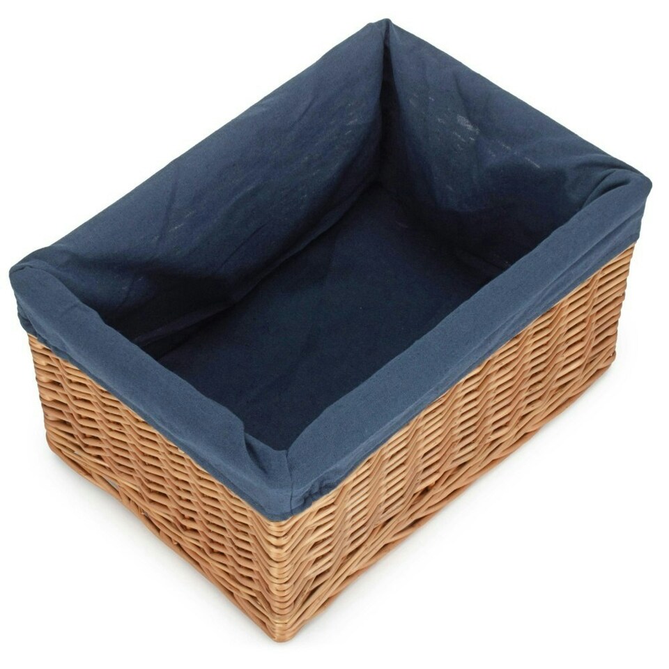 image 1 of Double Steamed Navy Cotton Lined Willow Storage Baskets Blue | S