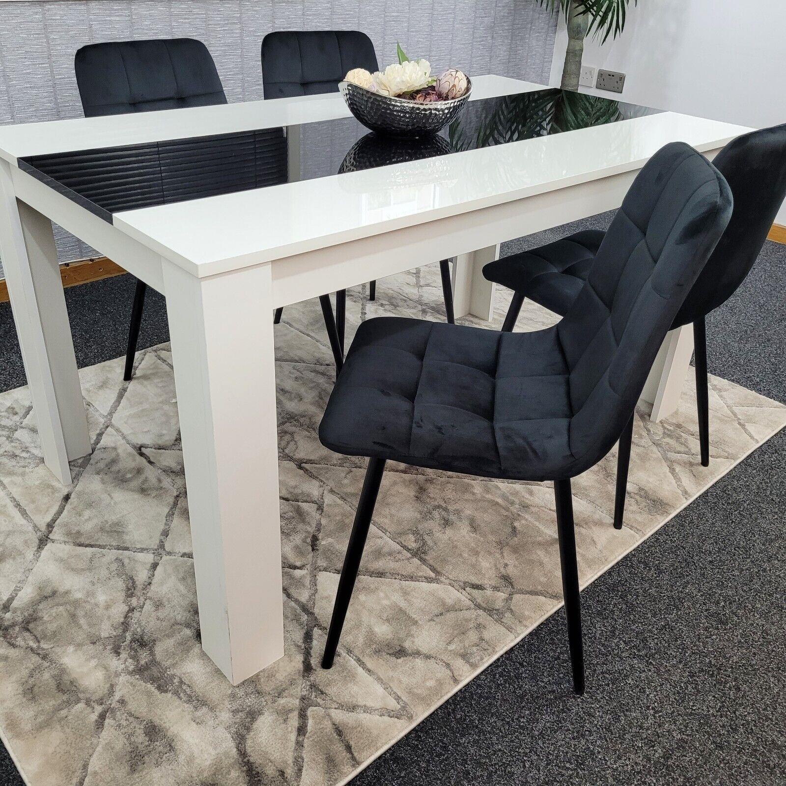 Dining Table And 4 Chairs White Black Wooden Table, Black Velvet Tufted Chairs