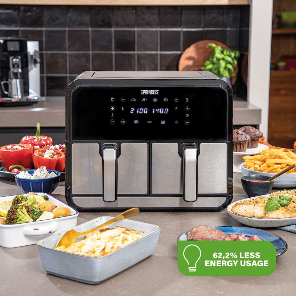 image 1 of Princess Double Basket Air Fryer 182074 - Dual Air Fryer - 9 Litres - 2 Baskets - XL - 8 Programs - 2400W - PFAS-Free - Touchscreen