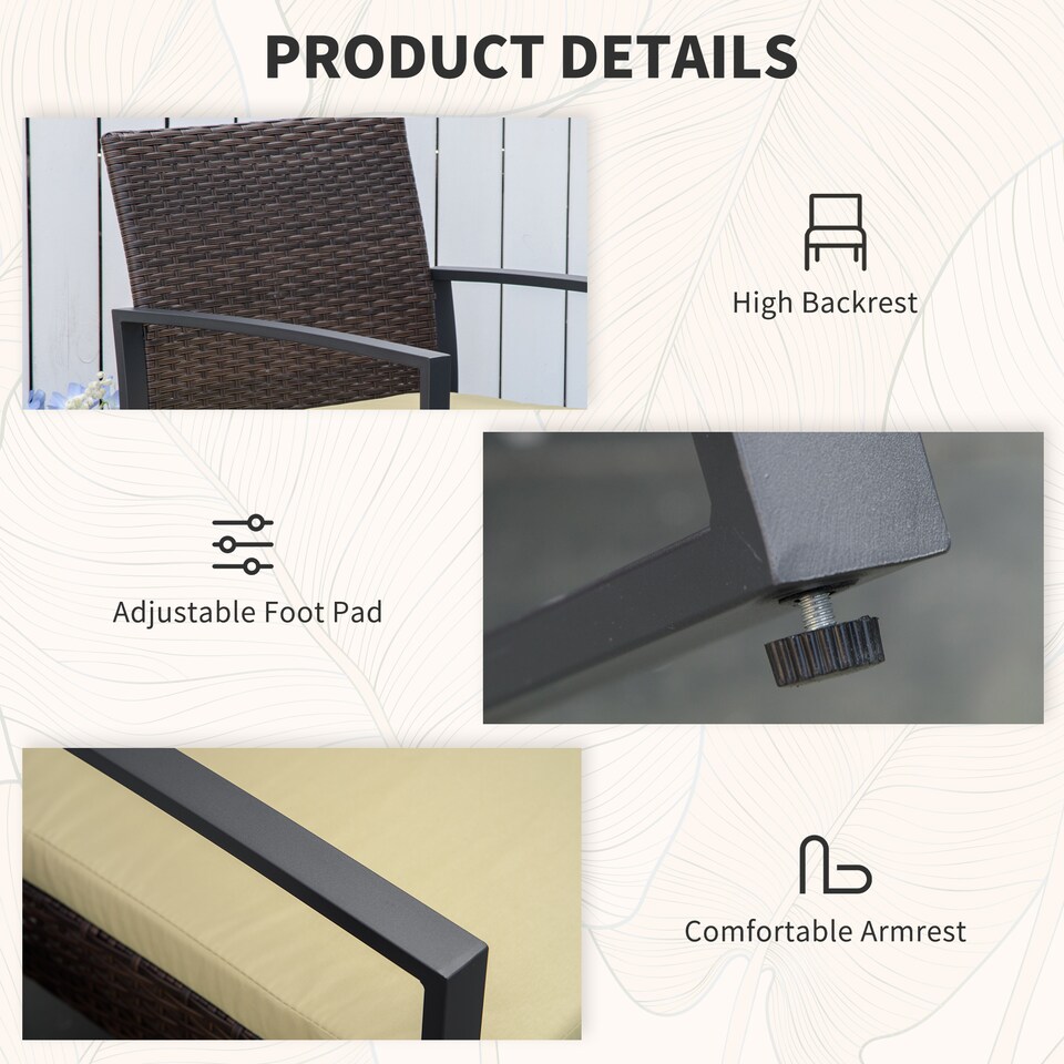 image 1 of Outsunny 3 Pieces Rattan Bistro Set, Wicker Garden Furniture Set with Glass Top Coffee Table and Chairs, Washable Cushions, for Outdoor, Patio, Balcony, Beige