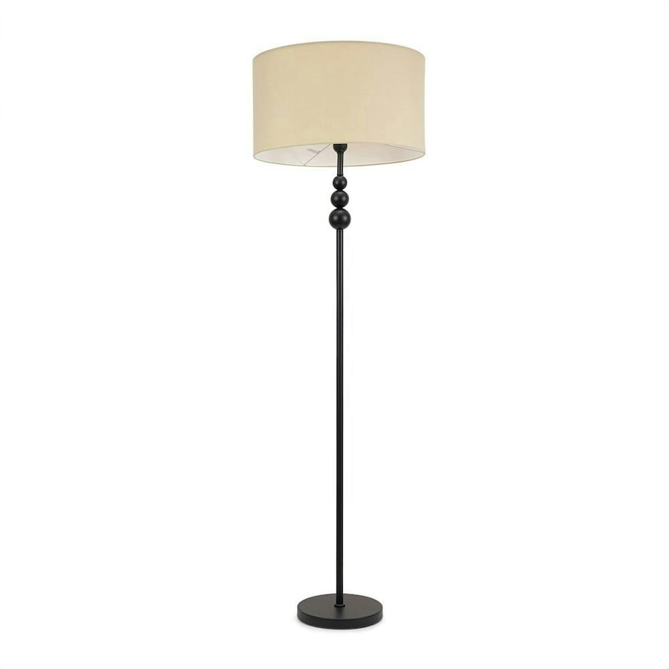 image 1 of ValueLights Marissa Natural Fabric Drum Shade with Black Stacked Ball Floor Lamp with LED Bulb