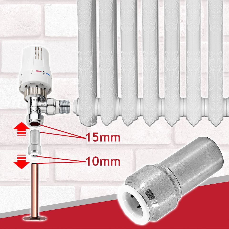 image 1 of SPARES2GO Radiator Valve 15mm x 10mm Pushfit Chrome Speed Fit Reducing Straight Compression Stem (Pack of 2)