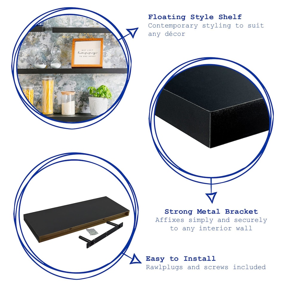 image 1 of Harbour Housewares Modern Floating Wall Shelves - 80cm - Black - Pack of 6