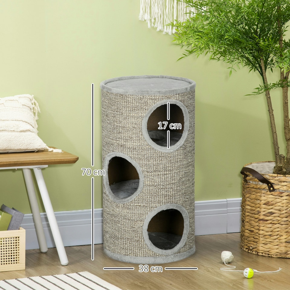 image 1 of PawHut Cat Barrel Tree Tower with Sisal, Cosy Platform, Light Grey