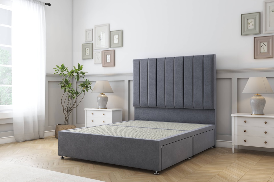 image 1 of Sloomy Kansas Steel Plush Divan Bed Base 2 Drawers Same Side With 26 Inch Strutted Headboard | Grey | Steel | Double | 1