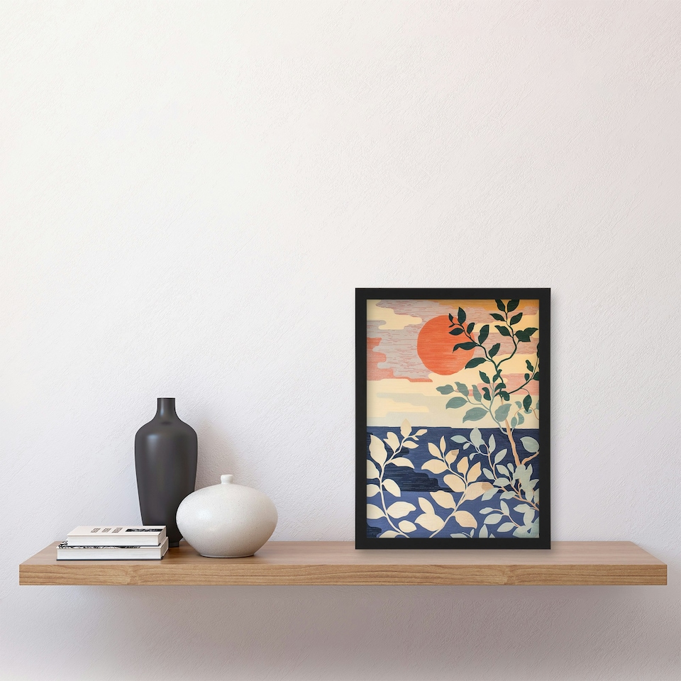 image 1 of Sunset Coastal Trees Zen Calm Warm Living Room Black Framed Wall Art Print A4