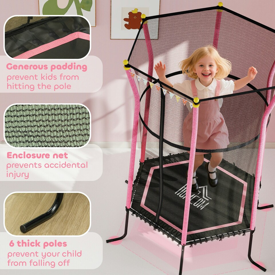 image 1 of HOMCOM 5.4FT Kids Trampoline With Enclosure Indoor Outdoor, Pink
