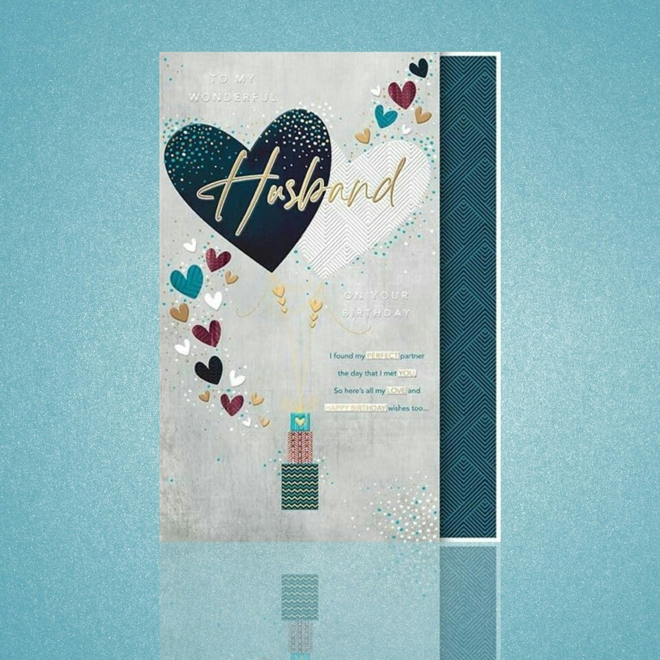 image 1 of Words 'n' Wishes Wonderful Husband Large Birthday Card, Heart Balloons with Embossed Foiled Finish