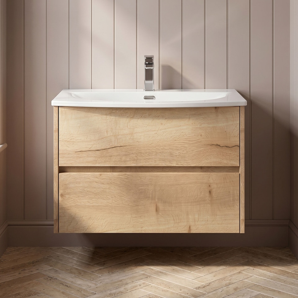 image 1 of Balterley Chartley Contemporary 2 Drawer Wall Hung Vanity Unit with Curved Basin, Autumn Oak, 800mm