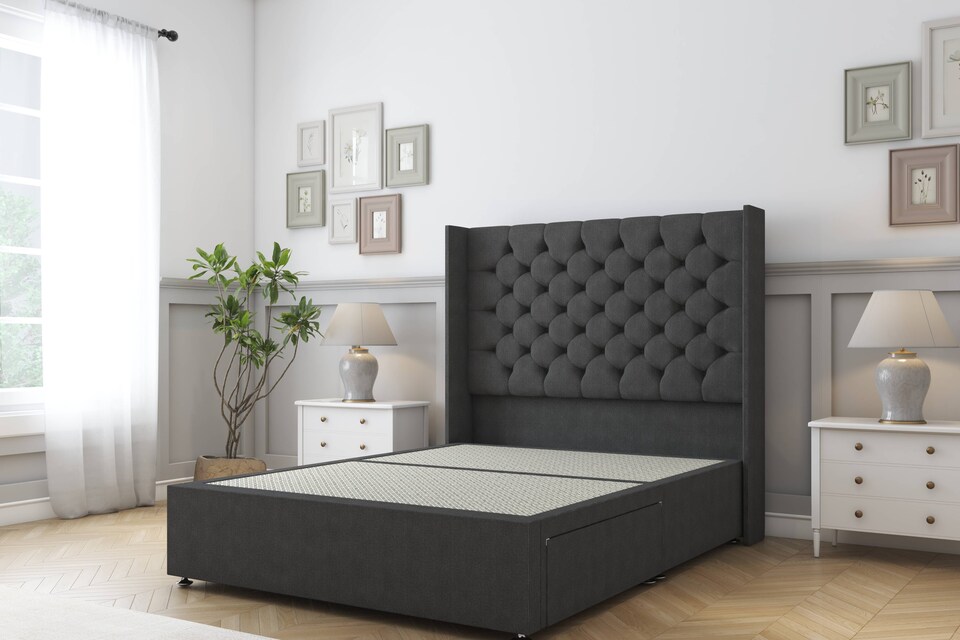 image 1 of Sloomy Falcon Graphite Dumfries Divan Bed Base No Drawers With 54 Inch Wingback Headboard | Grey | Graphite | Small Single | 1