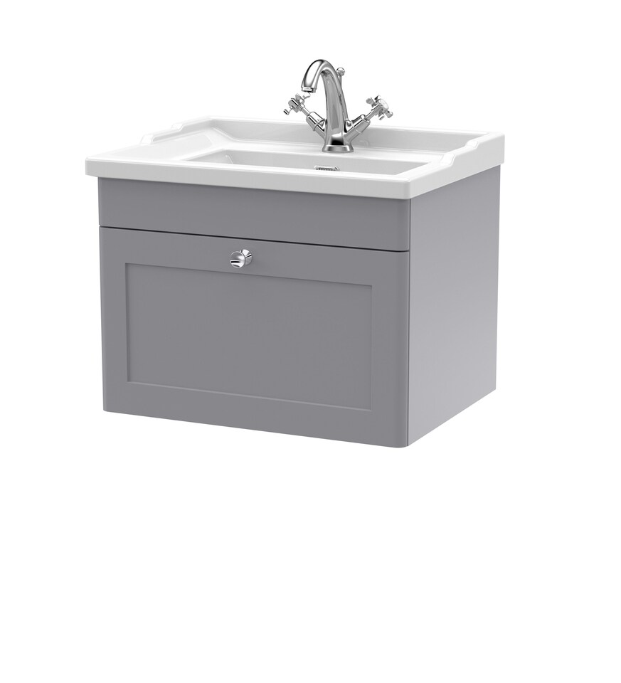 image 1 of Balterley Swynnerton Traditional 1 Drawer Wall Hung Vanity Unit with Basin, Satin Grey, 600mm