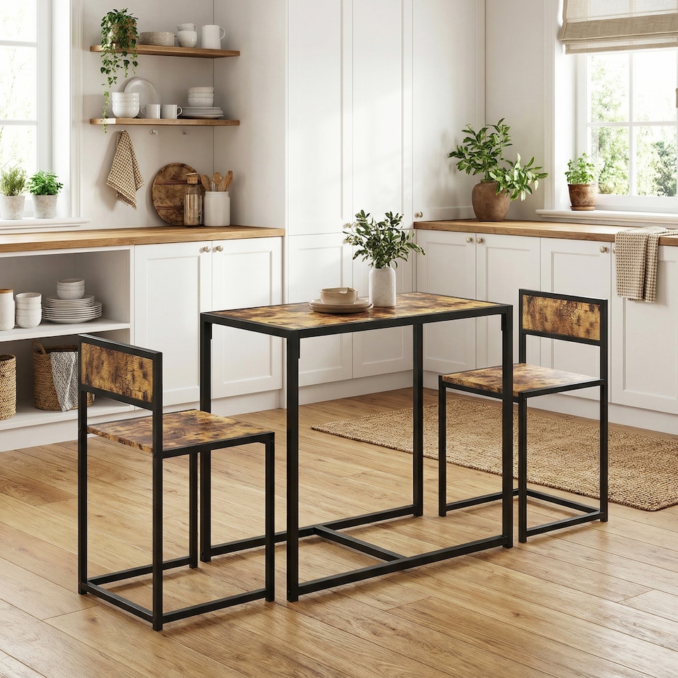 image 1 of HOMCOM 3 Piece Dining Table Set with Metal Frame | Brown | Rustic Brown and Black