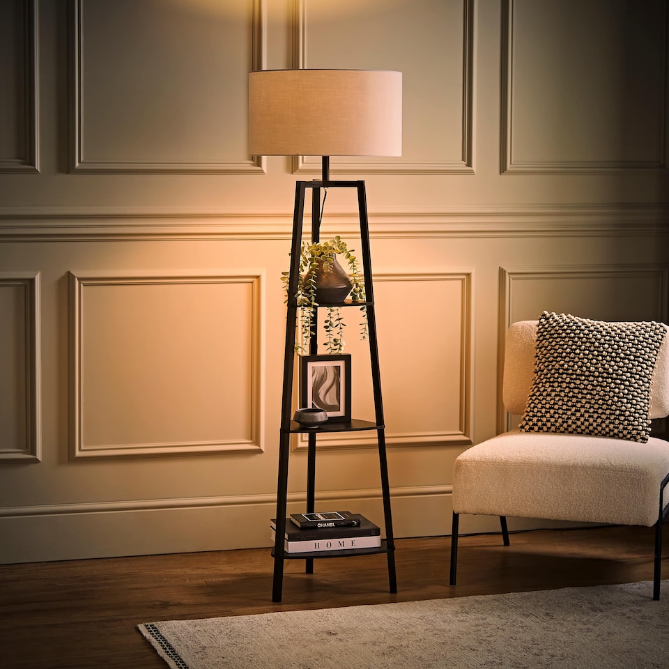 image 1 of ValueLights Hiru Black 3 Tier Shelf Floor Lamp Grey Shade & Bulb | Grey