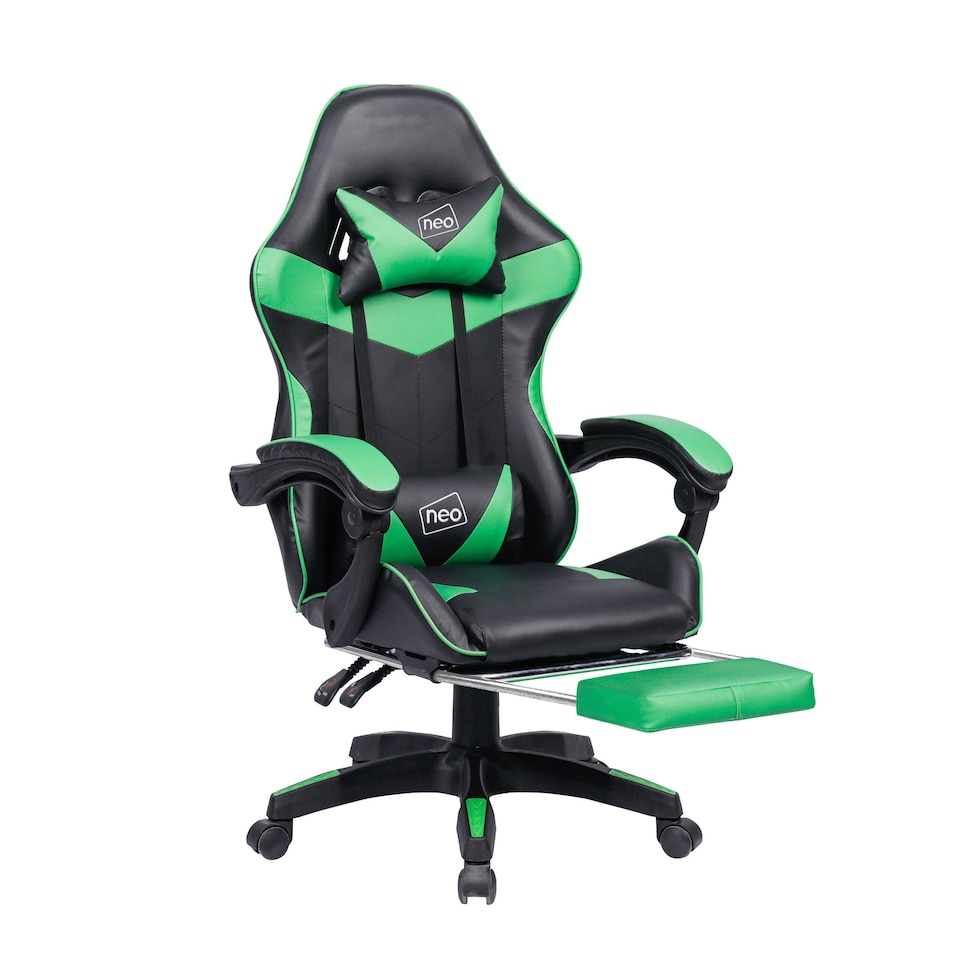 image 1 of Neo Gaming Chair Green & Black Leather with Footrest