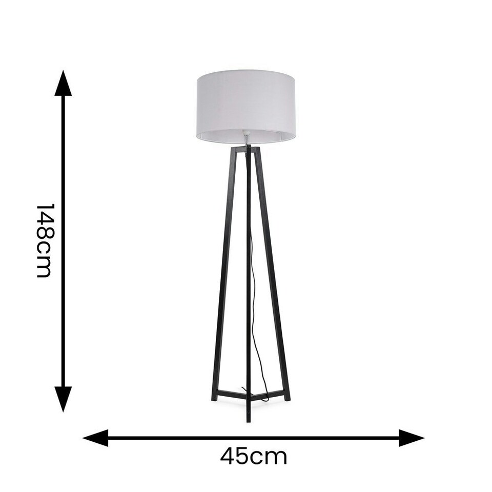 image 1 of ValueLights Lottie Black Wood Tripod Floor Lamp with Grey Fabric Drum Shade | Grey