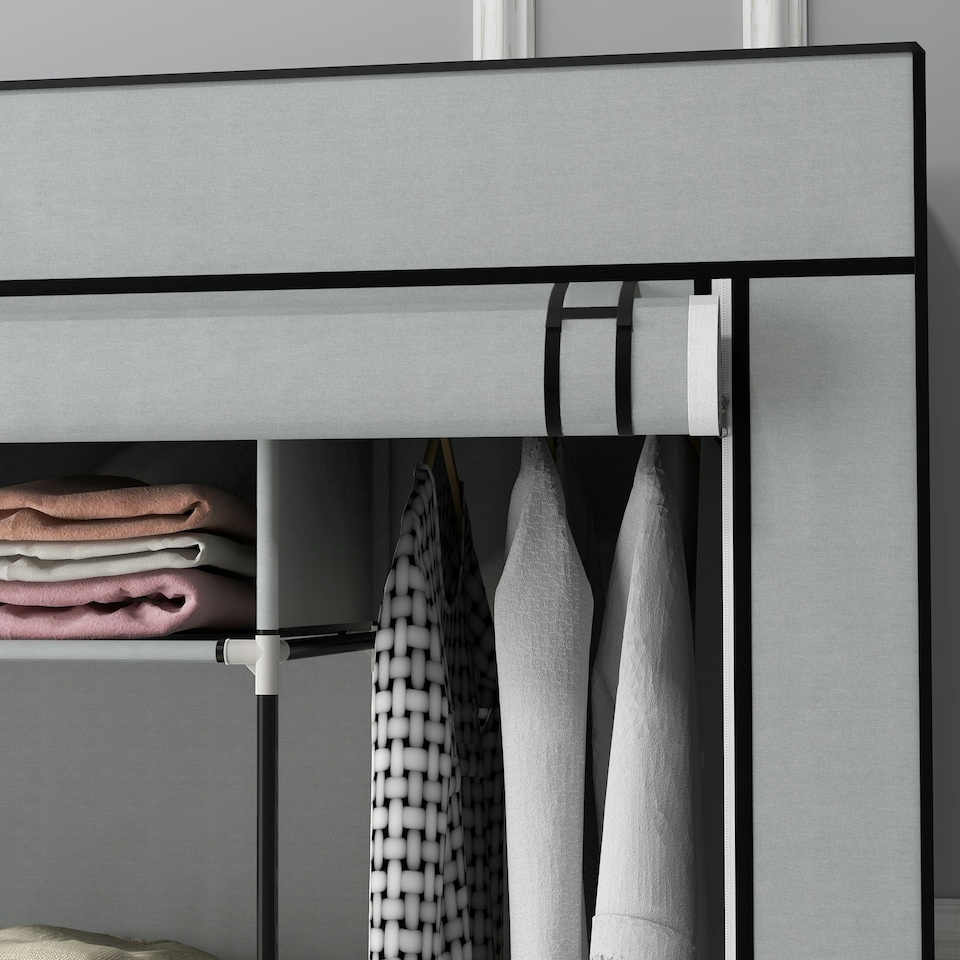 image 1 of HOMCOM Fabric Wardrobe w/ 12 Shelves 2 Hanging Rails Foldable Closets Grey
