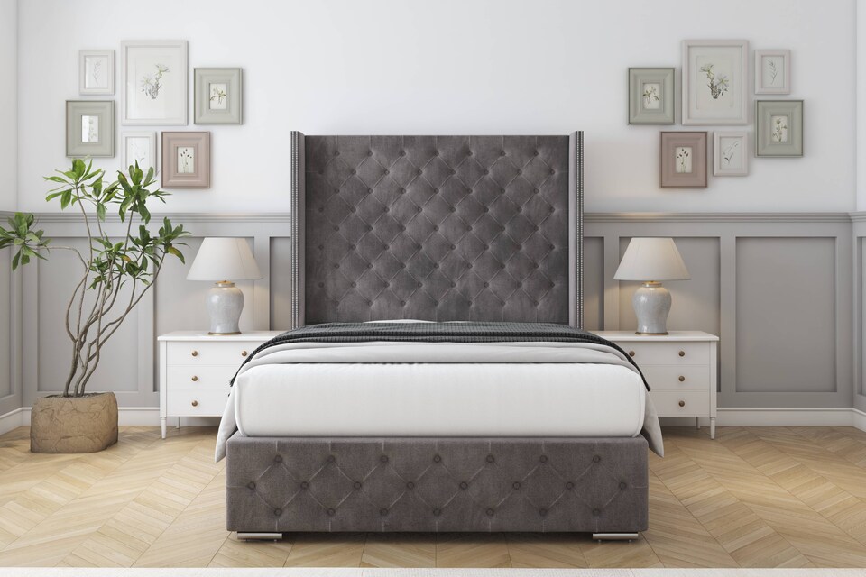 image 1 of Sloomy Arundel Slate Naples Bed Frame With Mattress With 50"  Upholstered Wingback Headboard 5' King