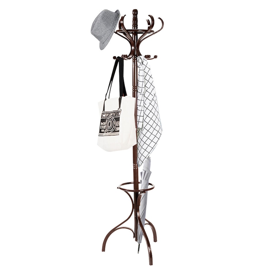 image 1 of COSTWAY Wooden Rotating Coat Hat Hanger Free Standing Hallstand Umbrella Stand 12 Hooks