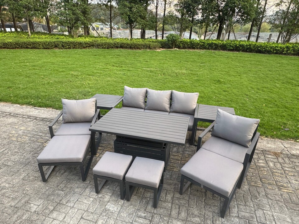 image 1 of Fimous Aluminium Garden Furniture Sets 9 Seater Outdoor Sofa Set with Adjustable Rising Lifting Dining Table 2 Chairs 4 Footstools 2 Side Tables