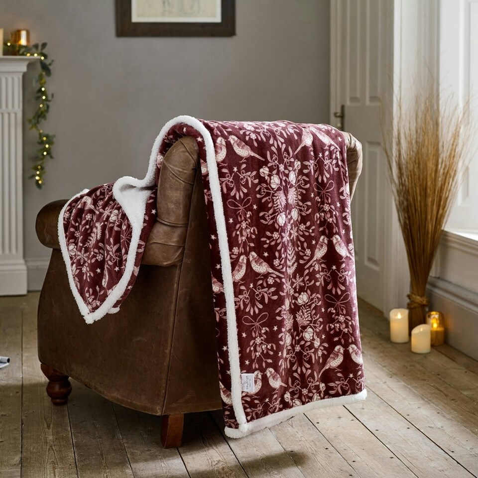 image 1 of Winter Birds Burgundy Seasonal Flannel Throw with Sherpa Lining – 140x180cm Red | Burgundy