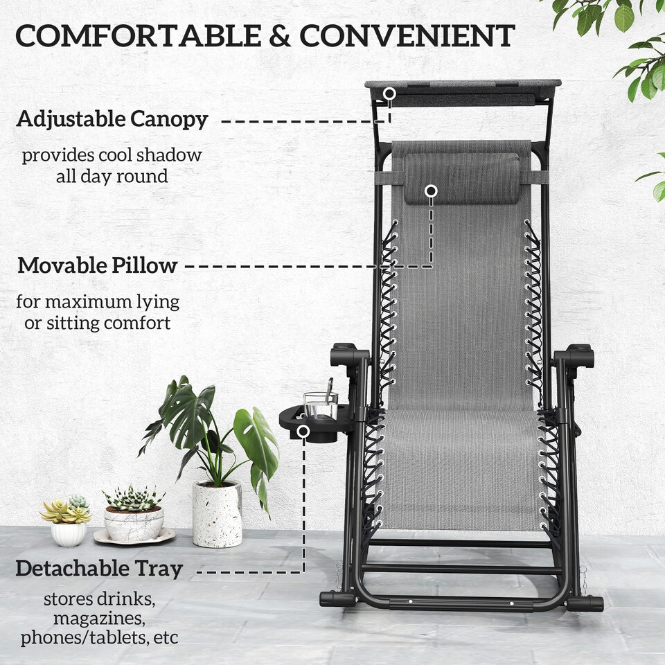 image 1 of Outsunny Garden Rocking Chair Folding Recliner Outdoor Adjustable Sun Lounger Rocker Zero-Gravity Seat with Headrest Side Holder Patio Deck - Grey