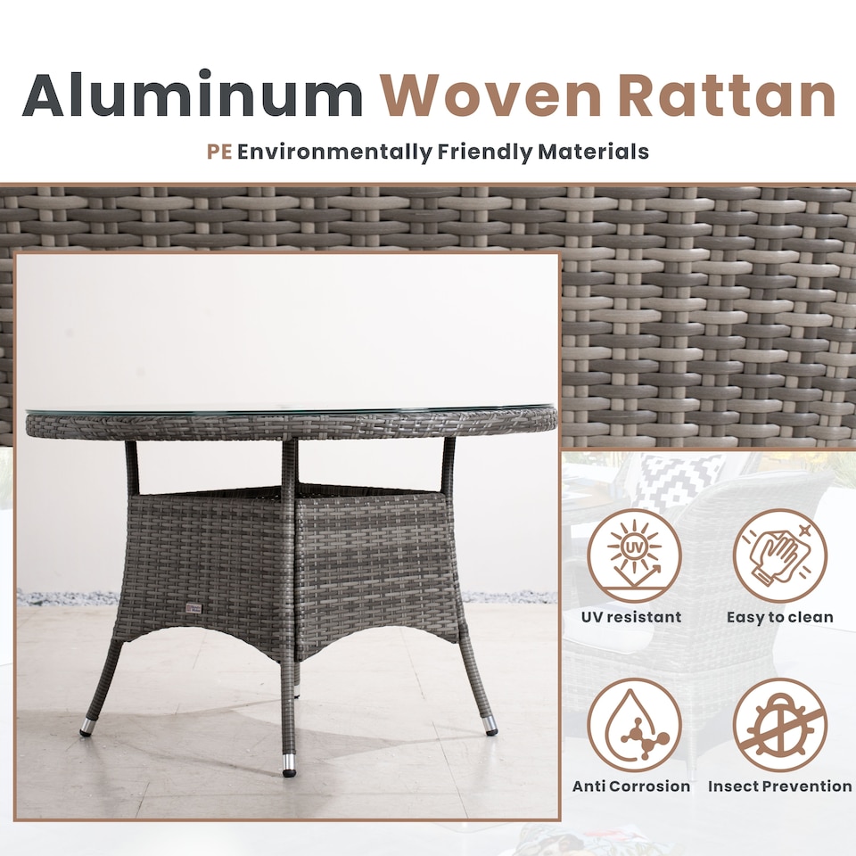 image 1 of Direct Wicker Outdoor 4 Person Rattan Round Dining Table, Aluminum Frame with Tempered Glass Top, Umbrella Hole | Grey